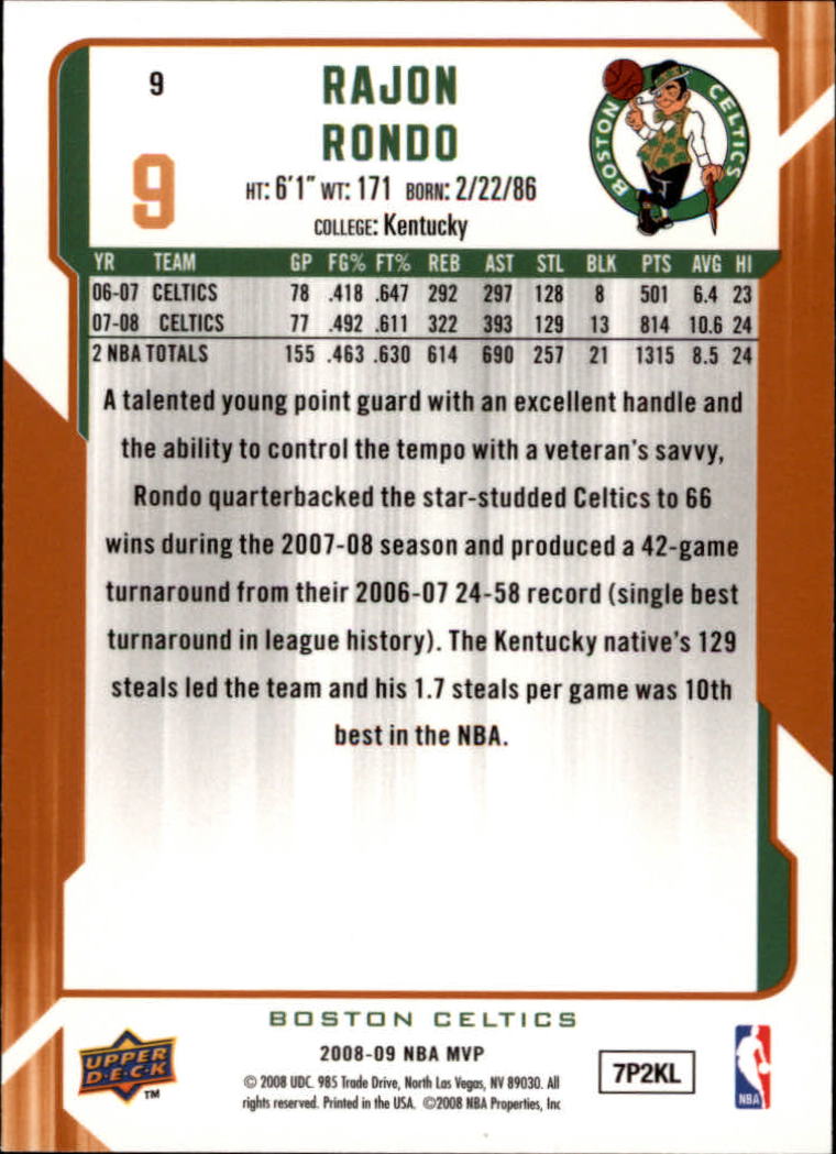 2008-09 Upper Deck MVP #9 Rajon Rondo back image