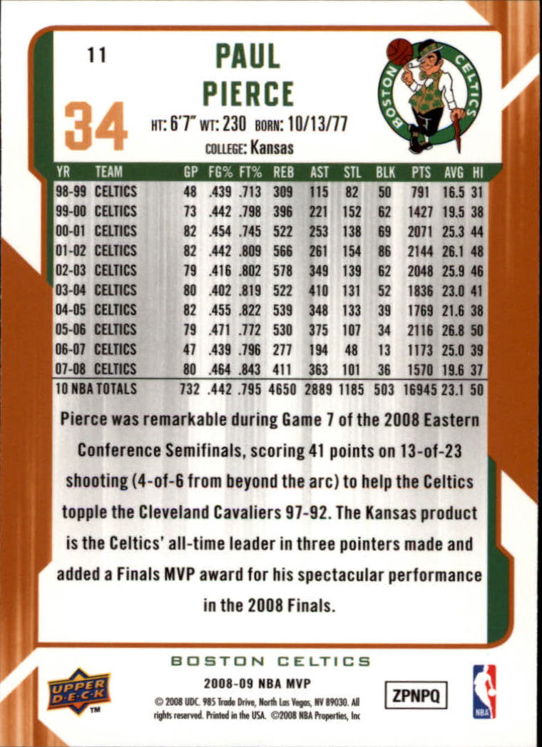 2008-09 Upper Deck MVP #11 Paul Pierce back image