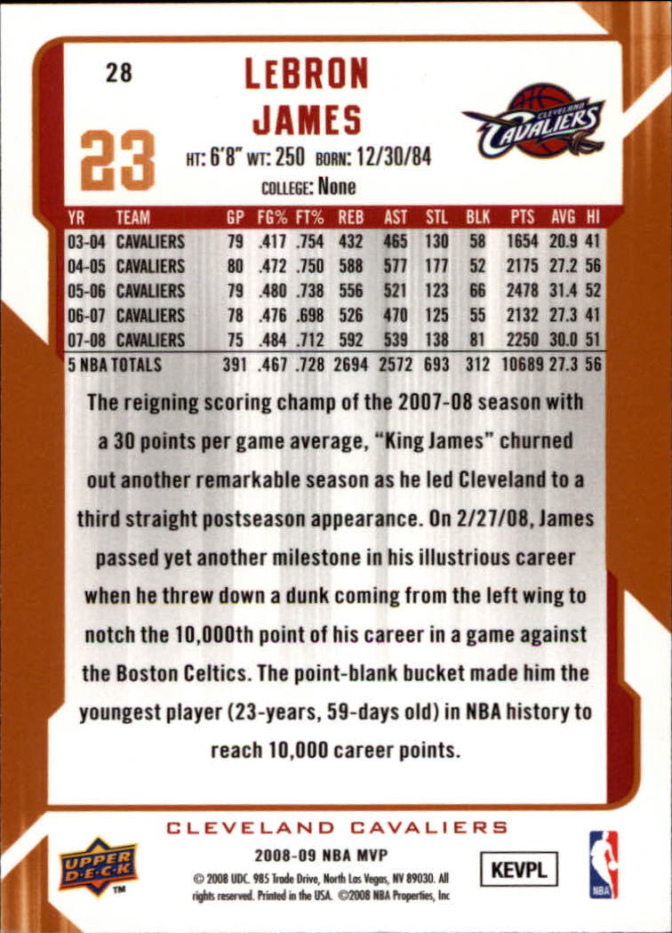 2008-09 Upper Deck MVP #28 LeBron James back image
