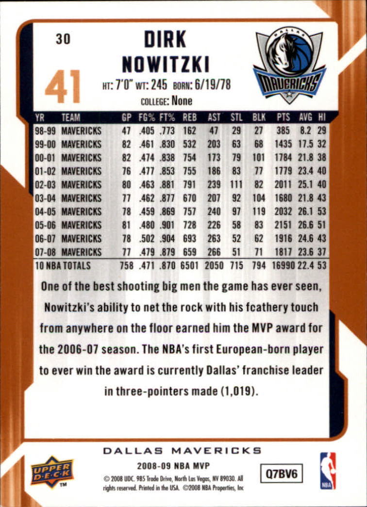 2008-09 Upper Deck MVP #30 Dirk Nowitzki back image