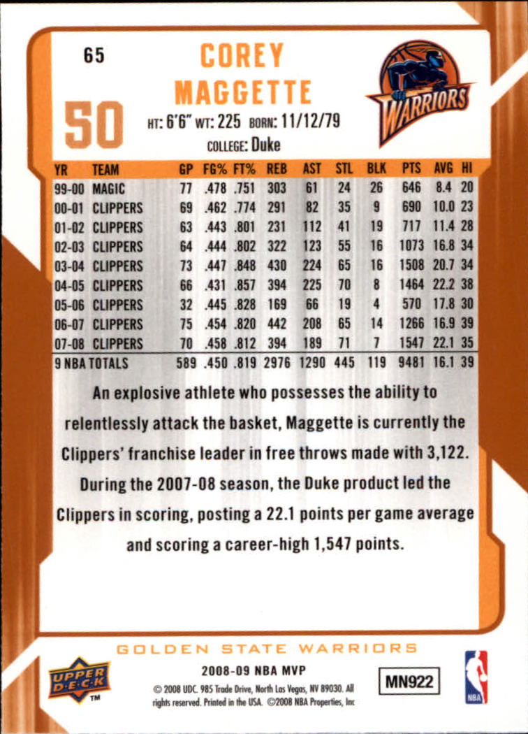 2008-09 Upper Deck MVP #65 Corey Maggette back image