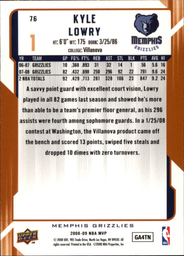 2008-09 Upper Deck MVP #76 Kyle Lowry back image