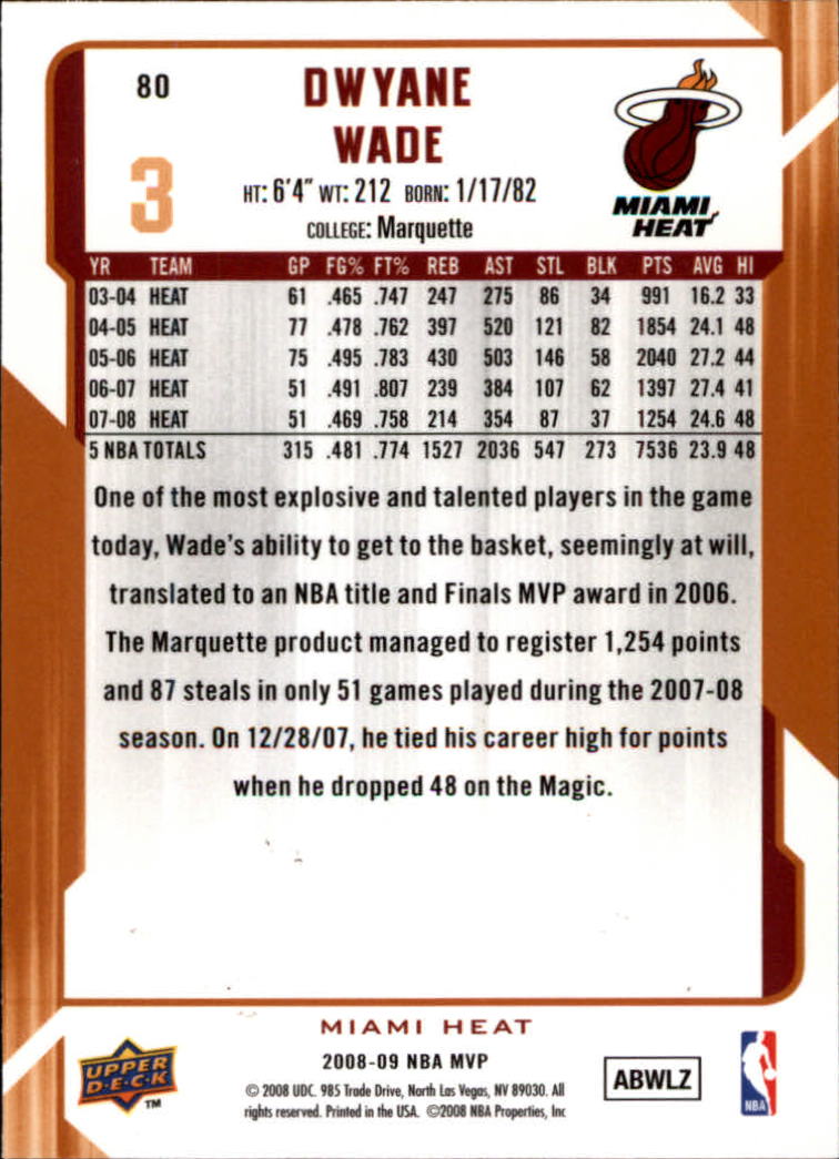 2008-09 Upper Deck MVP #80 Dwyane Wade back image