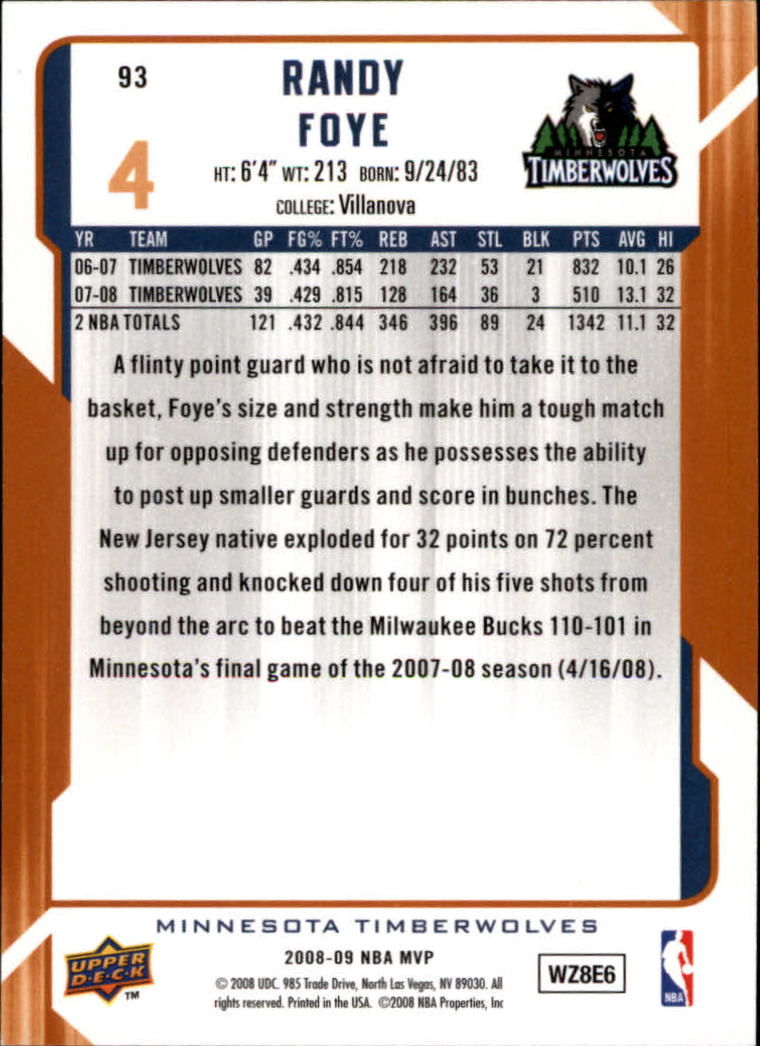 2008-09 Upper Deck MVP #93 Randy Foye back image