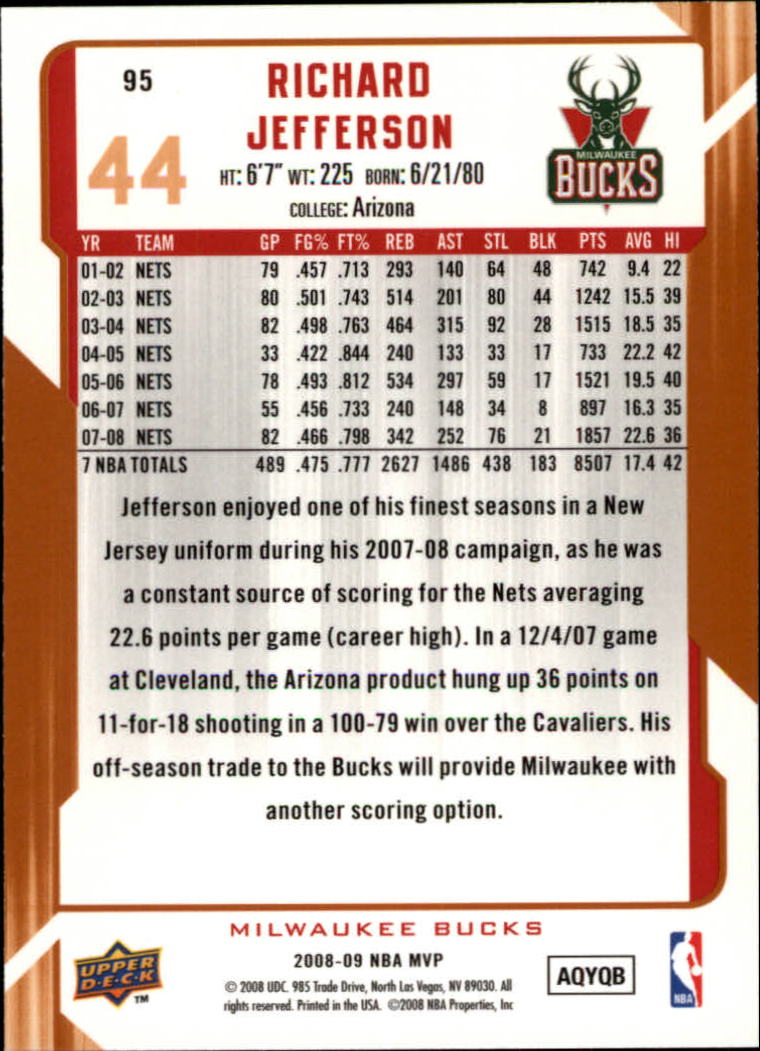 2008-09 Upper Deck MVP #95 Richard Jefferson back image