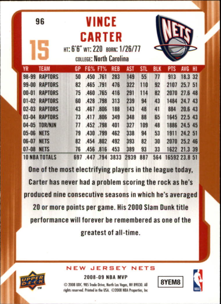 2008-09 Upper Deck MVP #96 Vince Carter back image