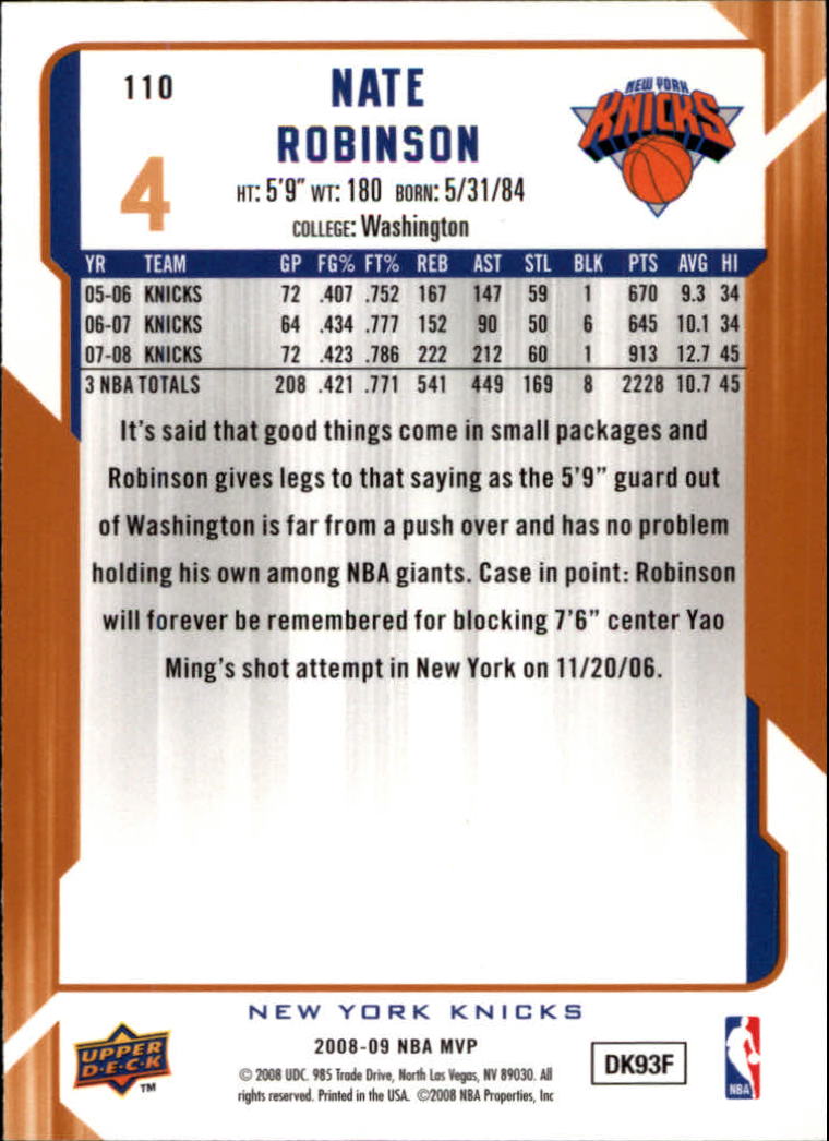 2008-09 Upper Deck MVP #110 Nate Robinson back image