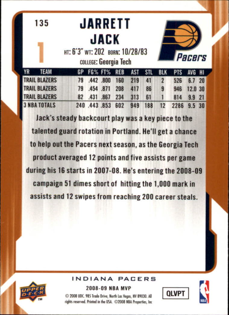 2008-09 Upper Deck MVP #135 Jarrett Jack back image