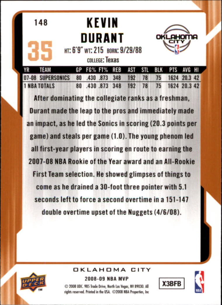 2008-09 Upper Deck MVP #148 Kevin Durant back image