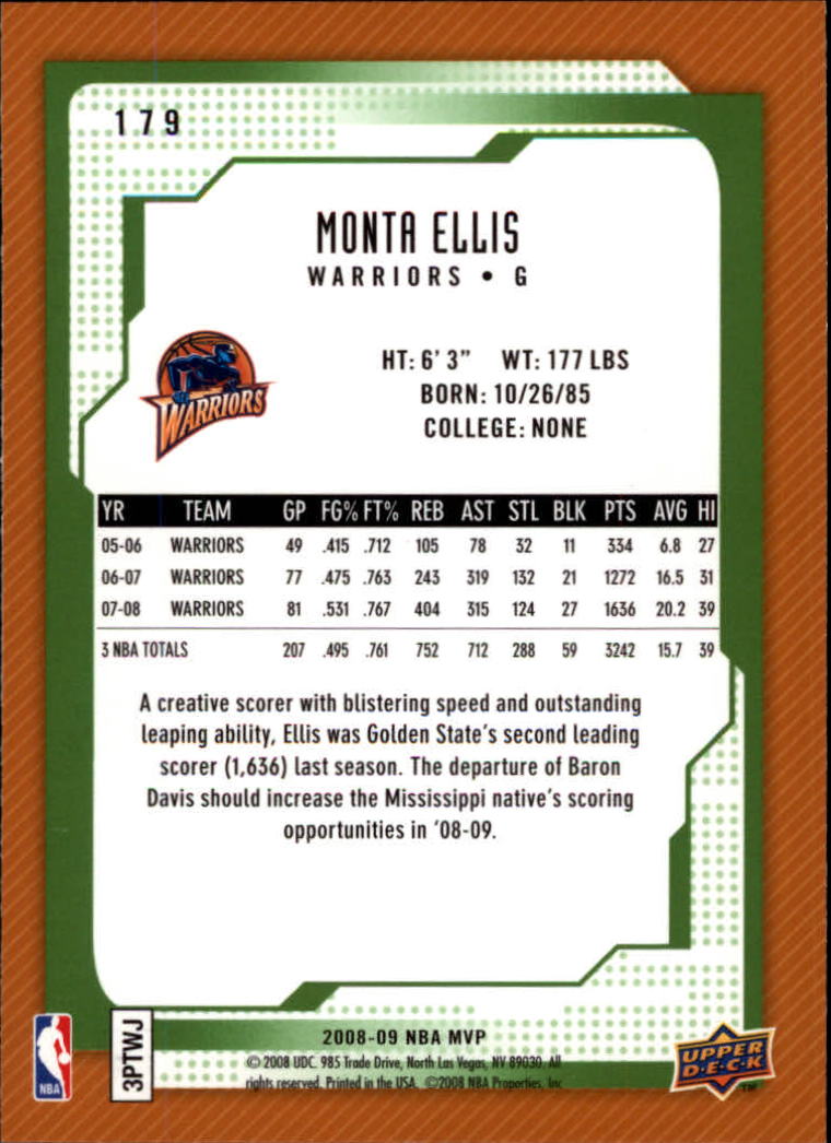 2008-09 Upper Deck MVP #179 Monta Ellis back image