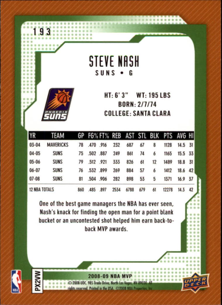 2008-09 Upper Deck MVP #193 Steve Nash back image