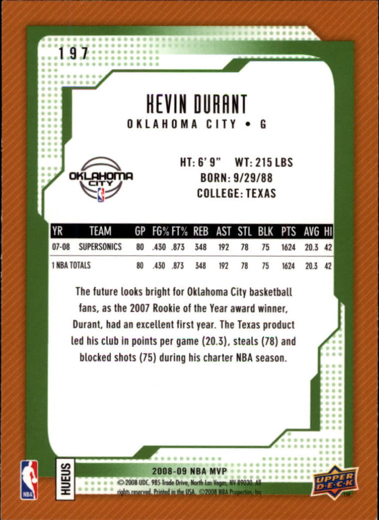 2008-09 Upper Deck MVP #197 Kevin Durant back image