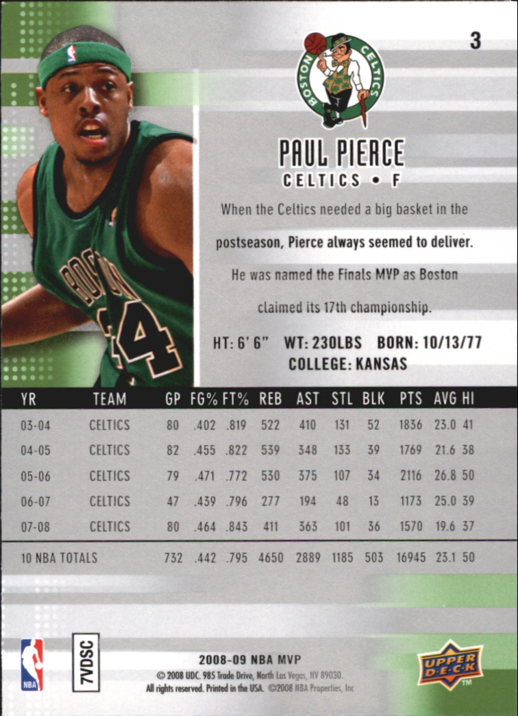 2008-09 Upper Deck MVP Victory #3 Paul Pierce back image