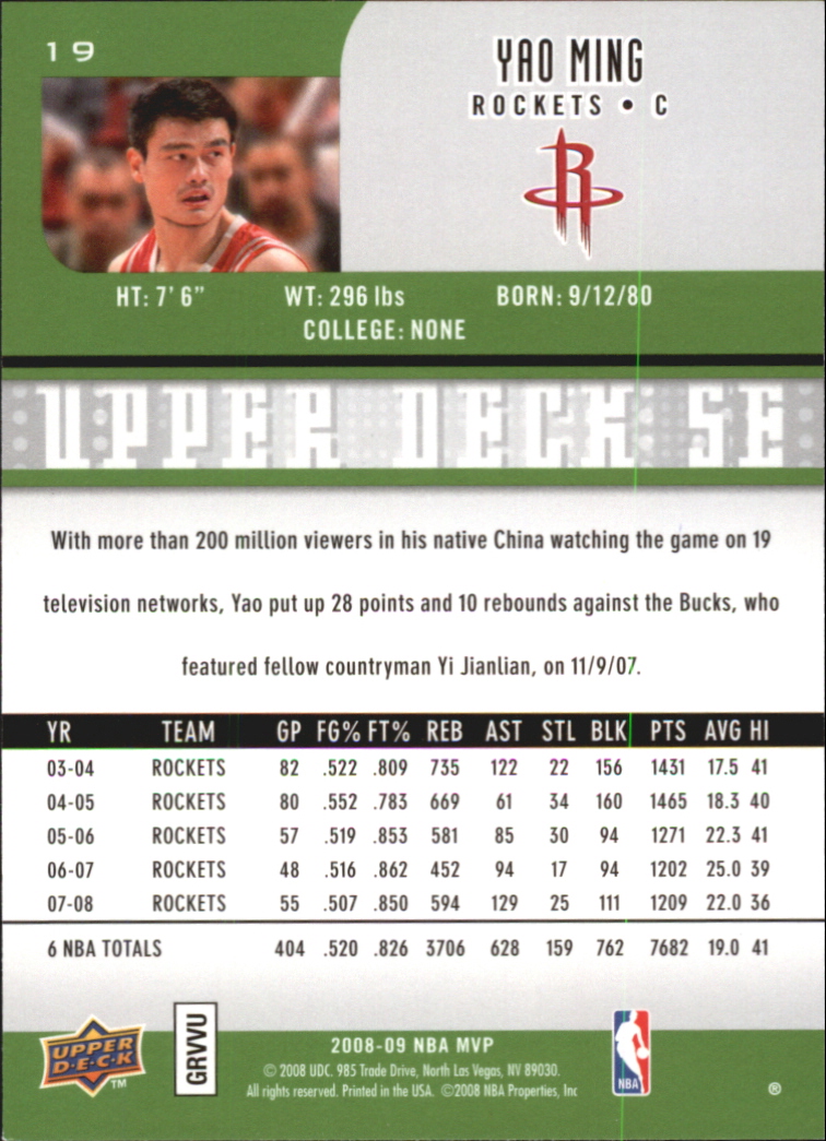 2008-09 Upper Deck MVP SE #19 Yao Ming back image