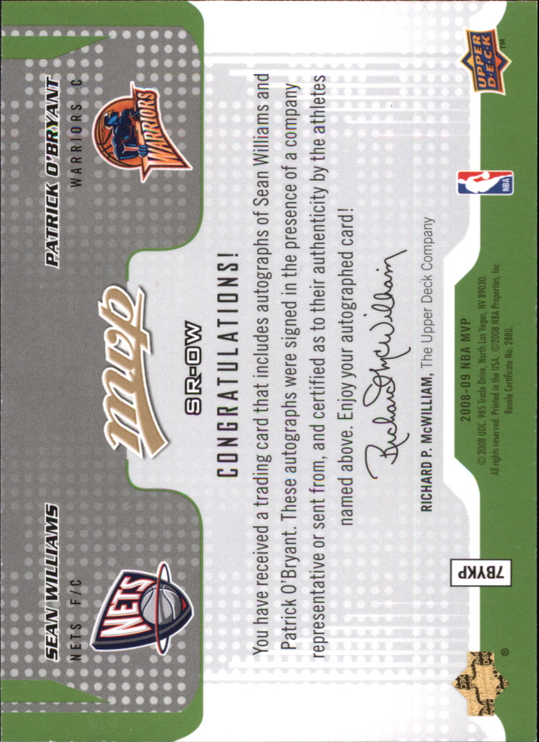 2008-09 Upper Deck MVP Signatures Required #SROW Sean Williams/Patrick O'Bryant back image