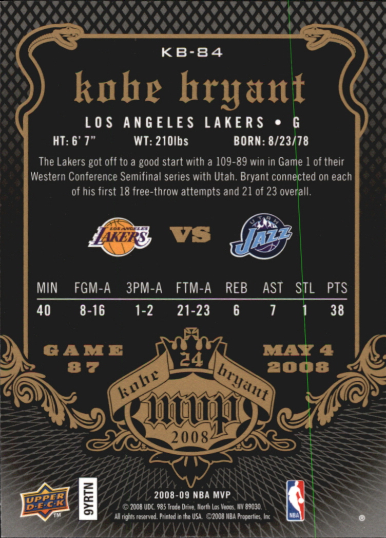2008-09 Upper Deck MVP Kobe MVP #KB84 Kobe Bryant back image