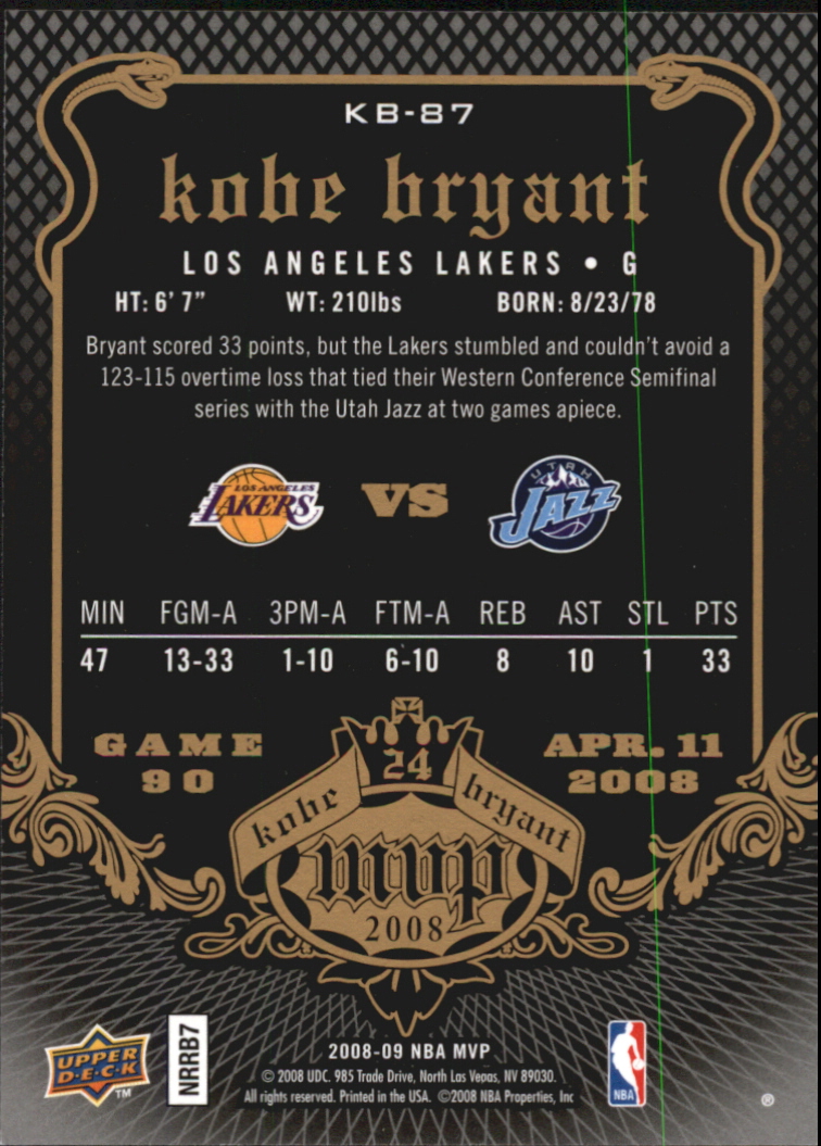 2008-09 Upper Deck MVP Kobe MVP #KB87 Kobe Bryant back image