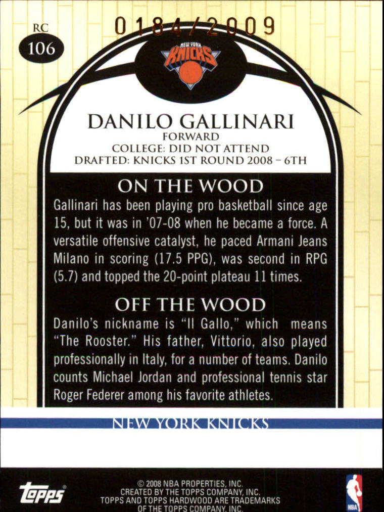 2008-09 Topps Hardwood #106 Danilo Gallinari Dribbling RC back image