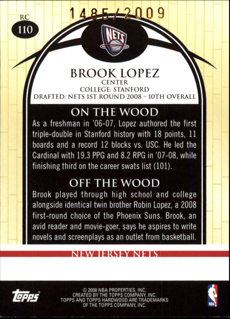 2008-09 Topps Hardwood #110 Brook Lopez Shooting RC back image