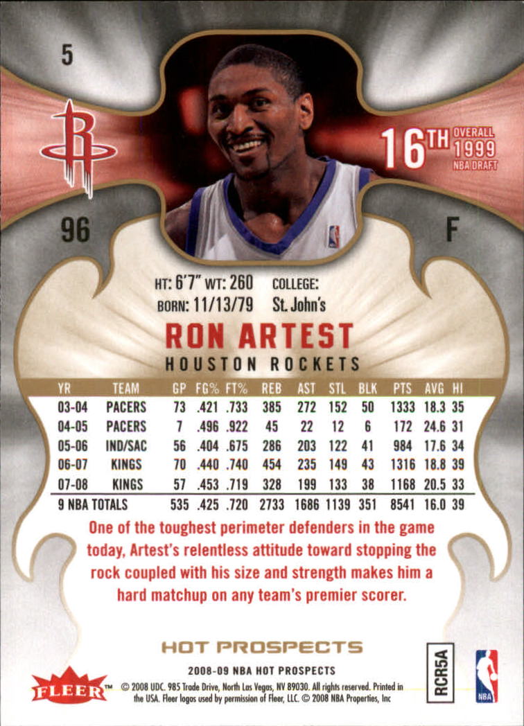 2008-09 Hot Prospects #5 Ron Artest back image