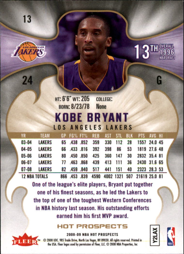 2008-09 Hot Prospects #13 Kobe Bryant back image