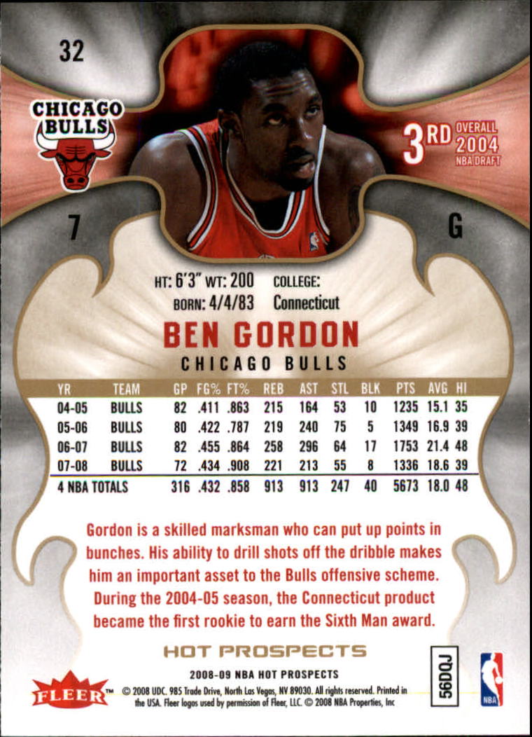 2008-09 Hot Prospects #32 Ben Gordon back image
