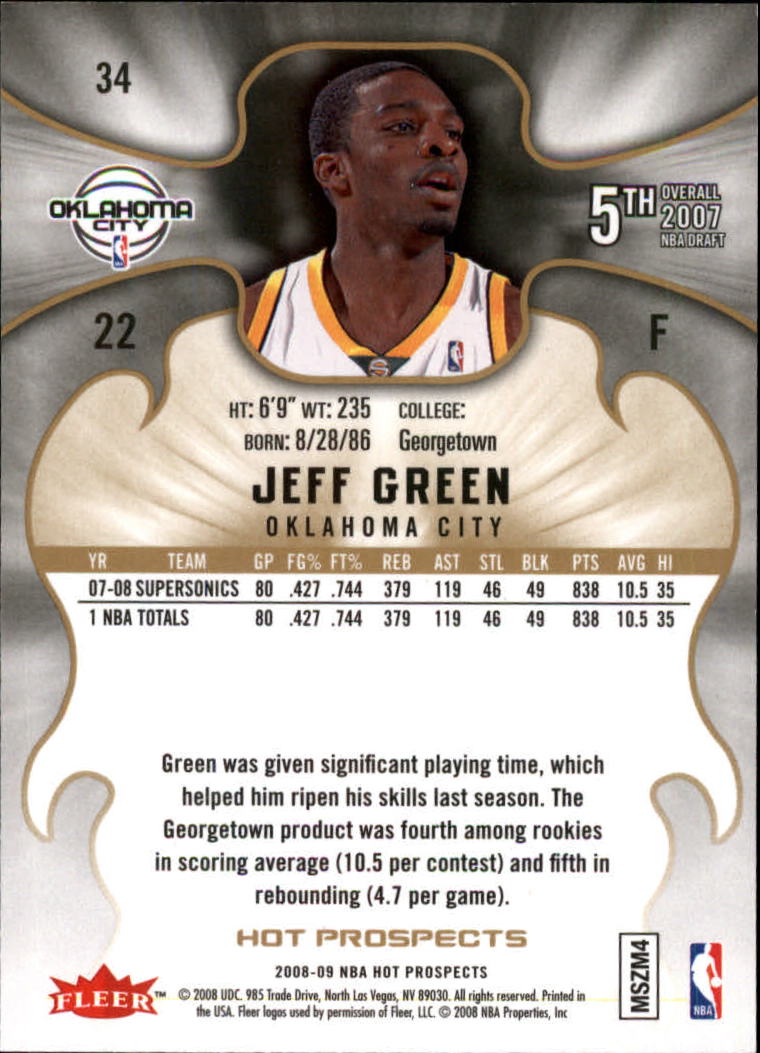 2008-09 Hot Prospects #34 Jeff Green back image