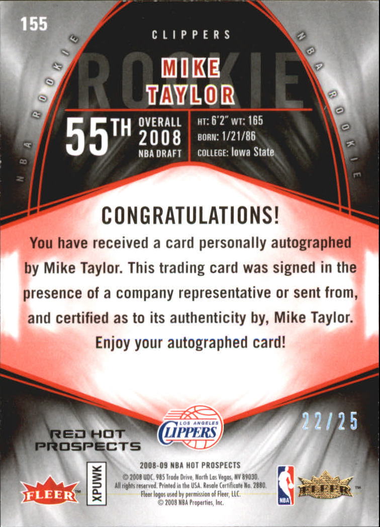 2008-09 Hot Prospects Red #155 Mike Taylor AU back image