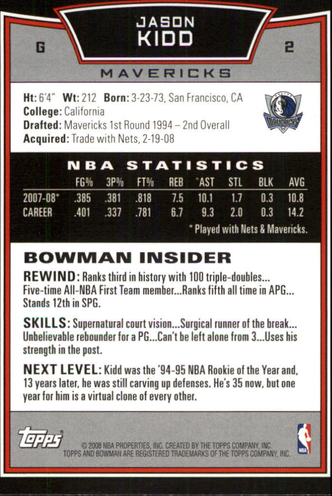 2008-09 Bowman #2 Jason Kidd back image