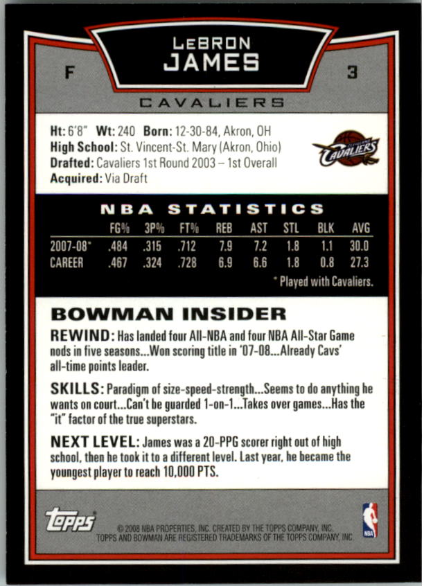 2008-09 Bowman #3 LeBron James back image