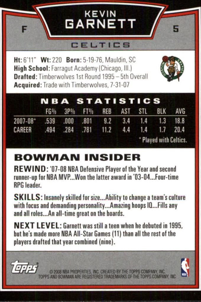 2008-09 Bowman #5 Kevin Garnett back image