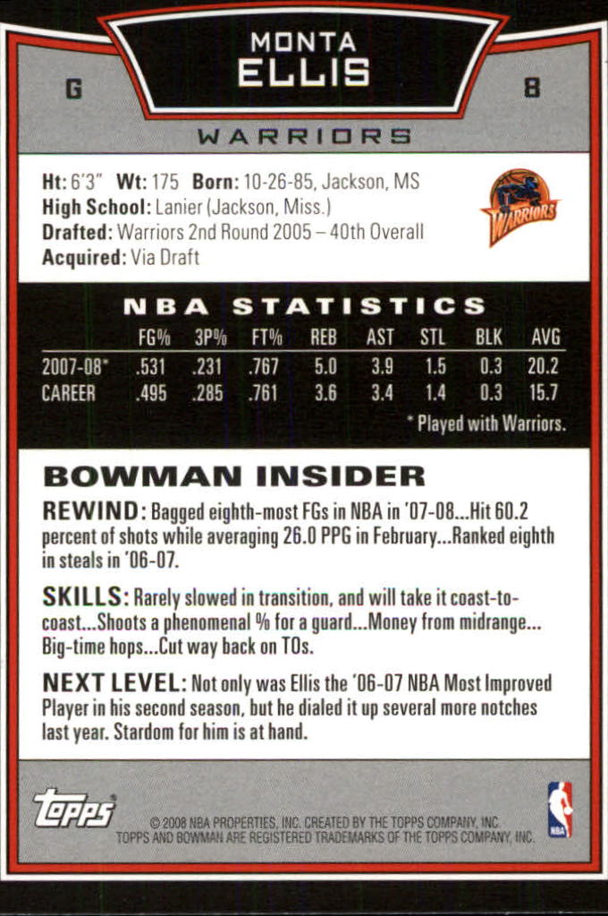 2008-09 Bowman #8 Monta Ellis back image