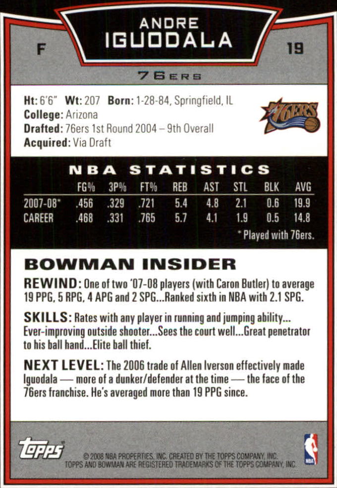 2008-09 Bowman #19 Andre Iguodala back image