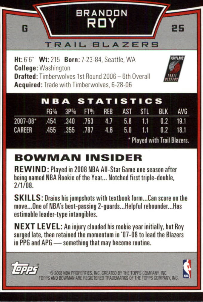 2008-09 Bowman #25 Brandon Roy back image