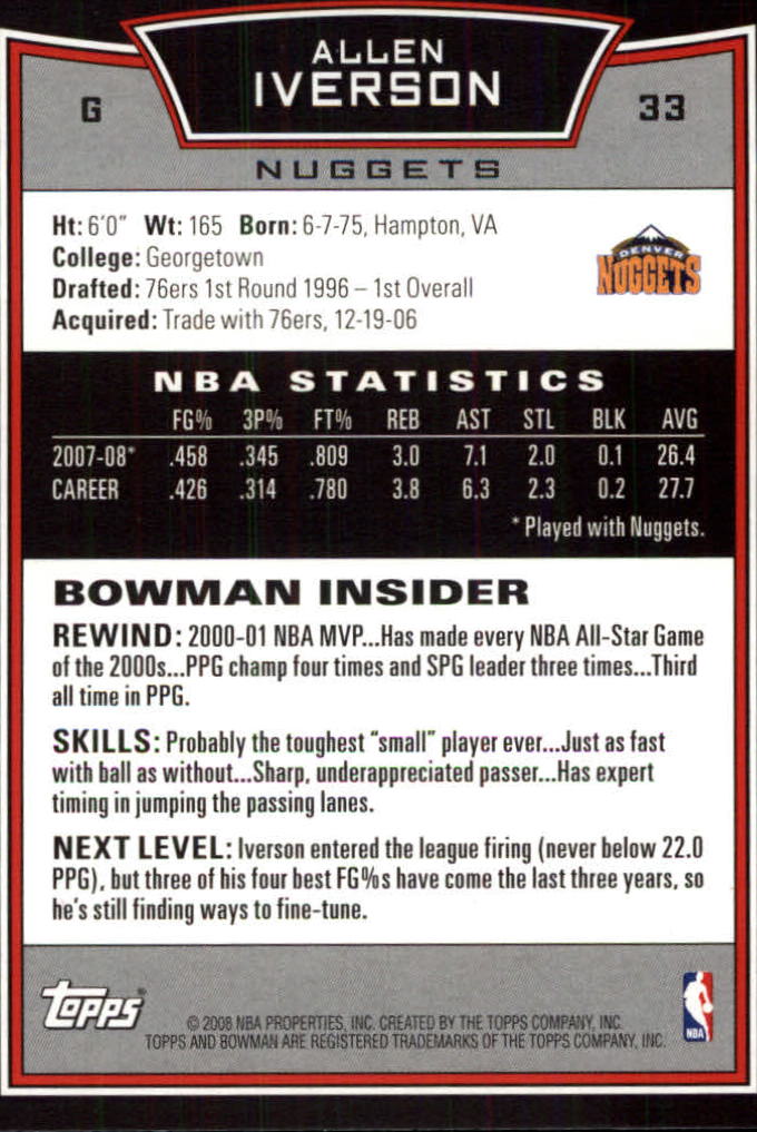 2008-09 Bowman #33 Allen Iverson back image