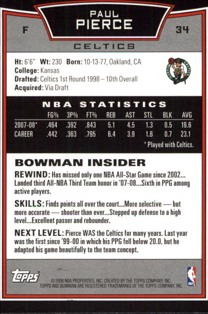 2008-09 Bowman #34 Paul Pierce back image
