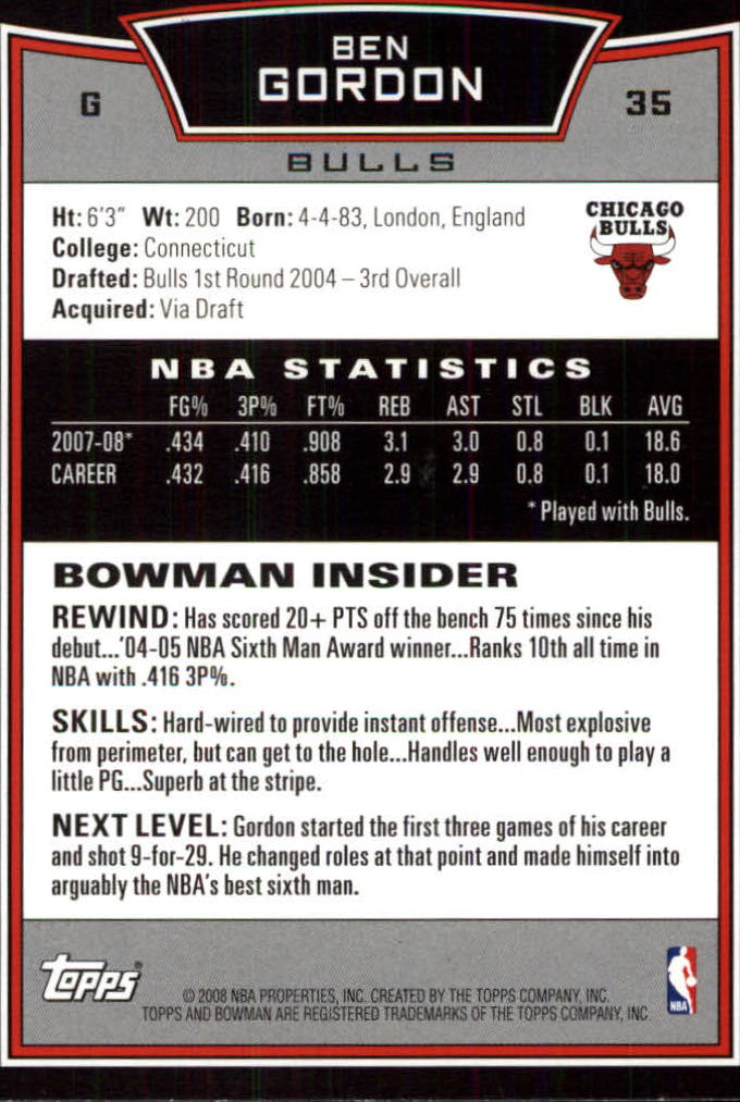 2008-09 Bowman #35 Ben Gordon back image