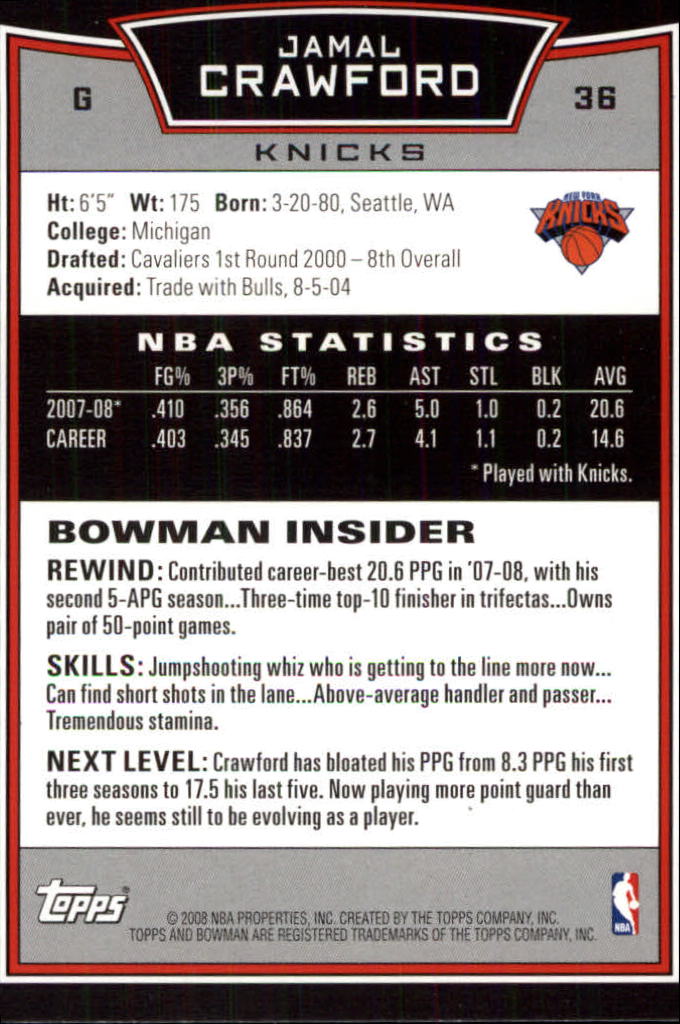 2008-09 Bowman #36 Jamal Crawford back image