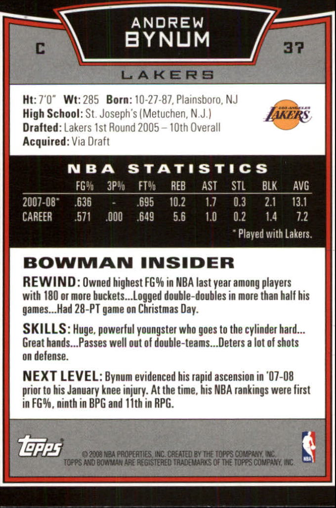 2008-09 Bowman #37 Andrew Bynum back image