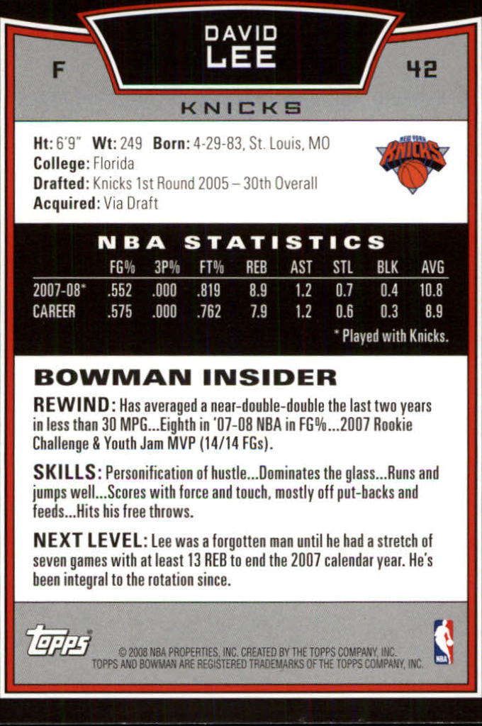 2008-09 Bowman #42 David Lee back image