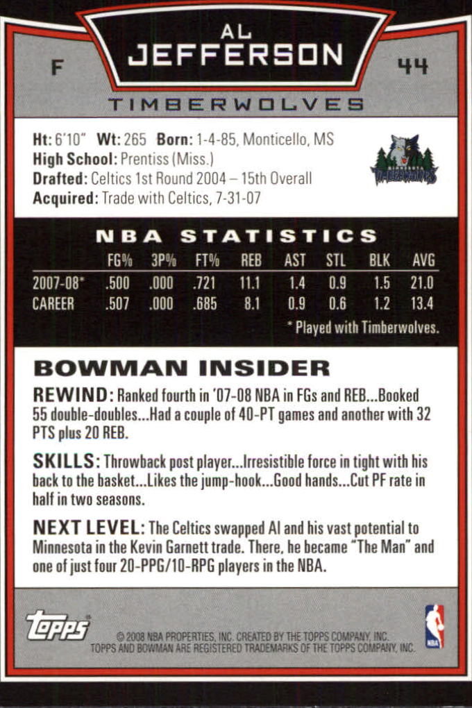 2008-09 Bowman #44 Al Jefferson back image