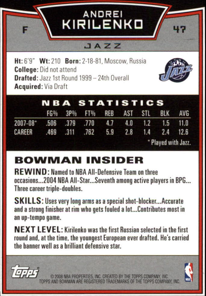 2008-09 Bowman #47 Andrei Kirilenko back image