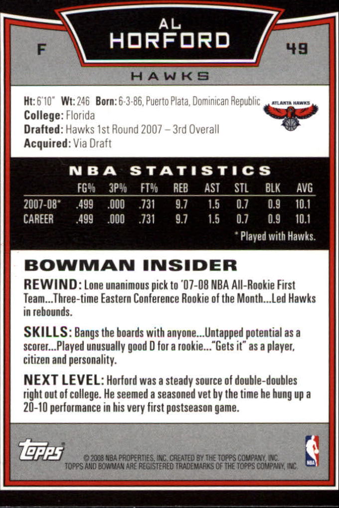 2008-09 Bowman #49 Al Horford back image