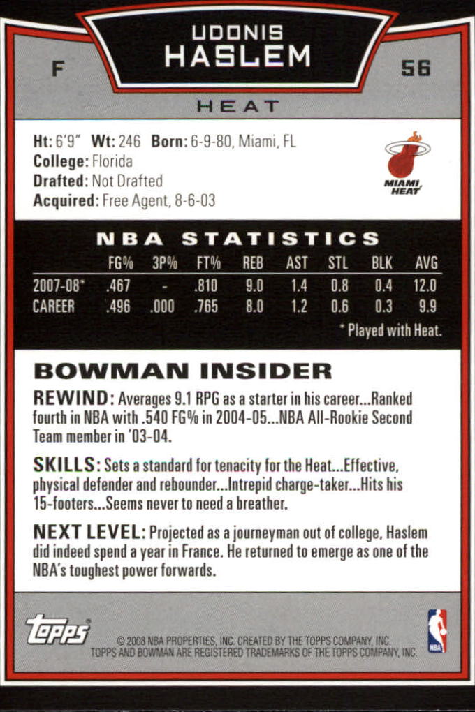 2008-09 Bowman #56 Udonis Haslem back image