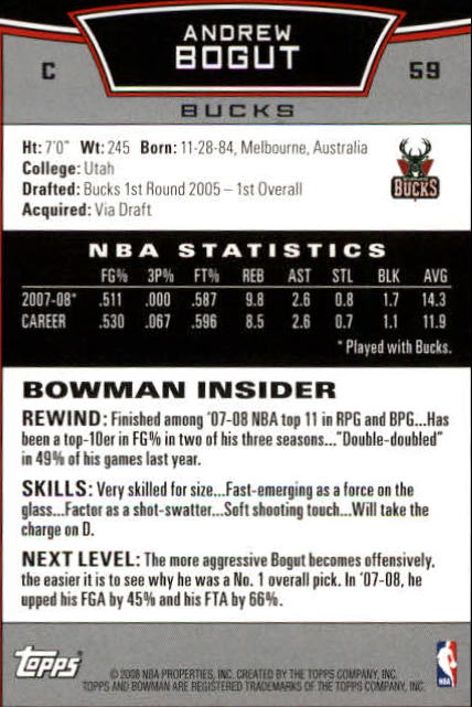 2008-09 Bowman #59 Andrew Bogut back image