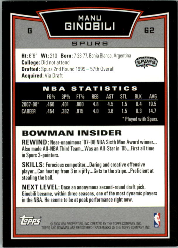2008-09 Bowman #62 Manu Ginobili back image