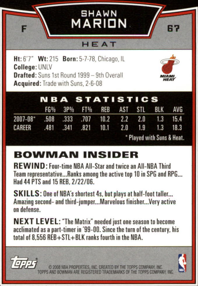 2008-09 Bowman #67 Shawn Marion back image