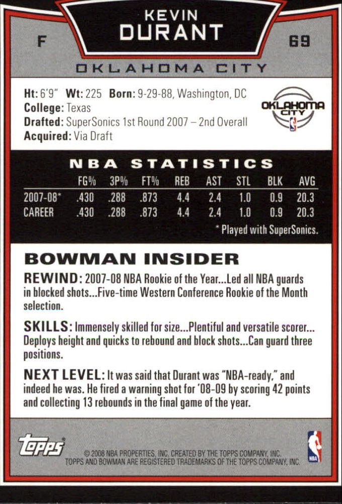 2008-09 Bowman #69 Kevin Durant back image