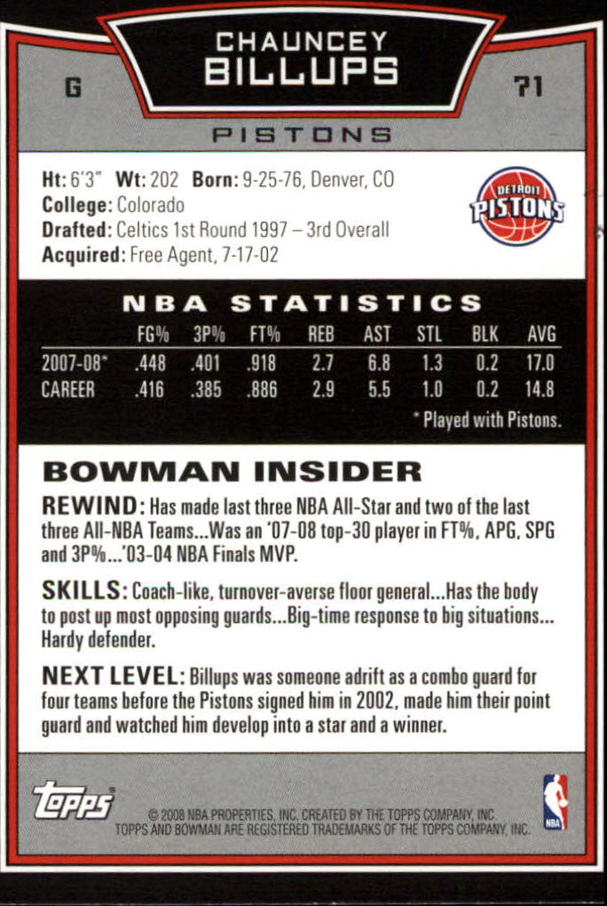 2008-09 Bowman #71 Chauncey Billups back image