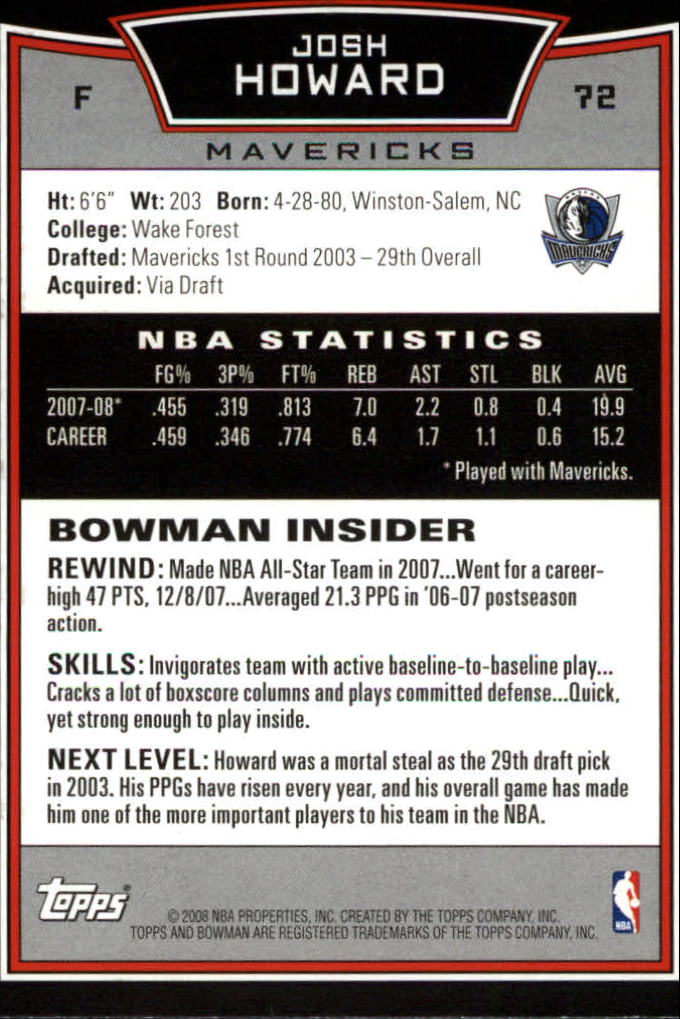 2008-09 Bowman #72 Josh Howard back image